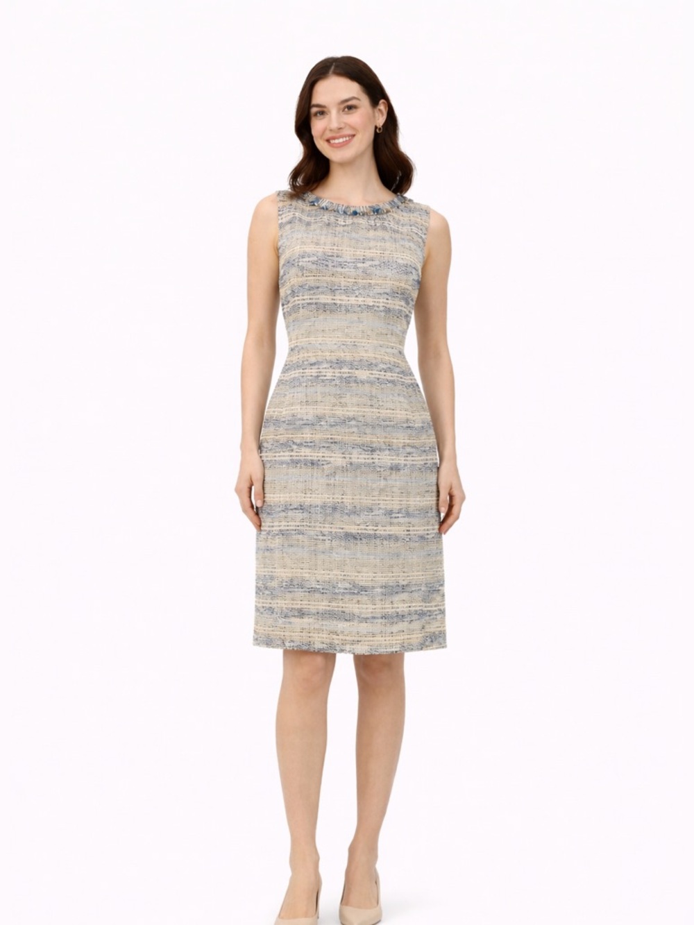 Tory Burch Blue and Cream Tweed Sheath Midi Dress